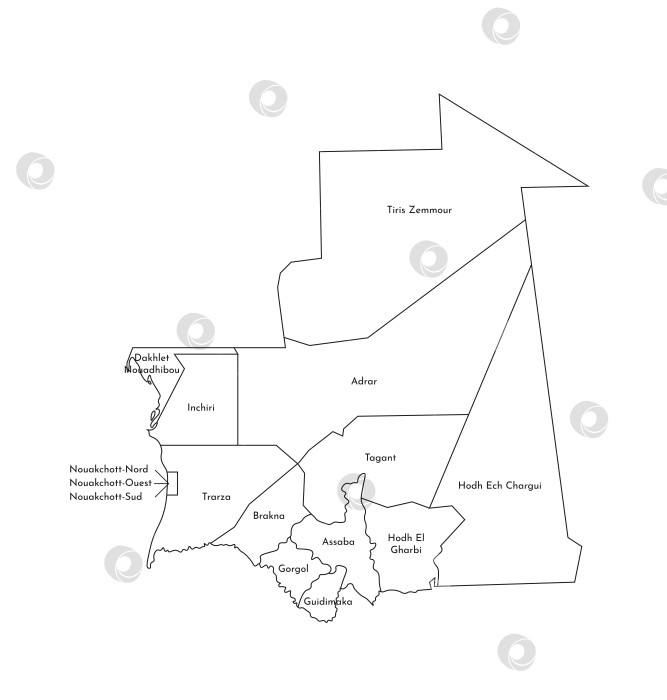 Скачать Векторная изолированная иллюстрация упрощенной административной карты Мавритании. Границы и названия регионов. Силуэты черными линиями. фотосток Ozero