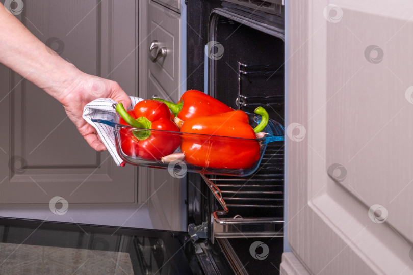 Скачать Женщина-домохозяйка ставит огнеупорный стеклянный противень со спелым красным болгарским перцем для запекания в электрическую духовку. фотосток Ozero