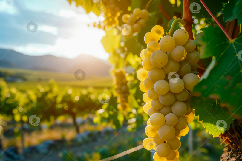 Скачать Гроздь винограда на солнце на фоне пейзажа. Сгенерирован ИИ. фотосток Ozero