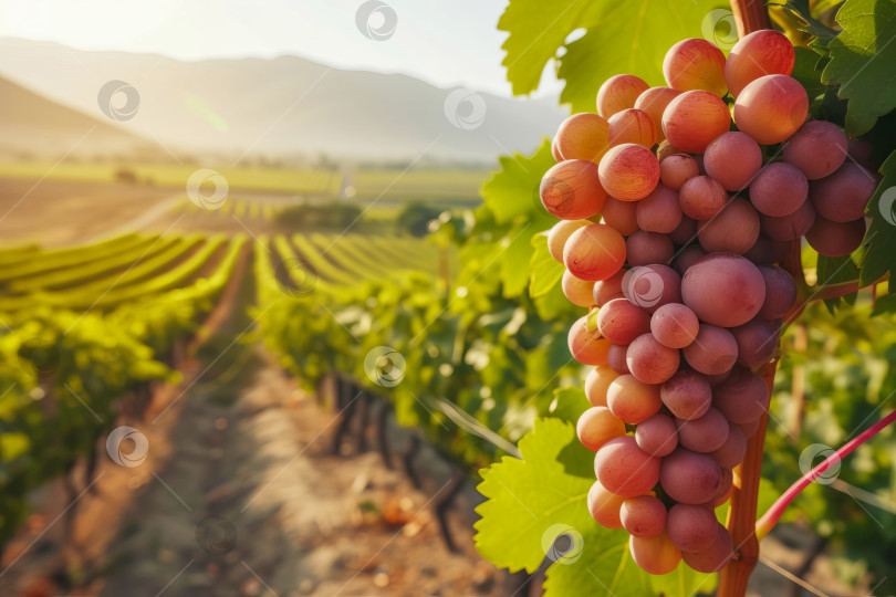 Скачать Гроздь винограда на солнце на фоне пейзажа. Сгенерирован ИИ. фотосток Ozero