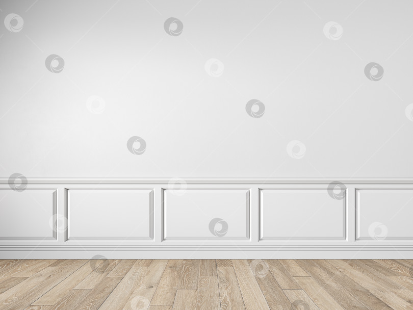 Скачать Современный классический белый пустой интерьер с настенными панелями, лепниной и деревянным полом. фотосток Ozero