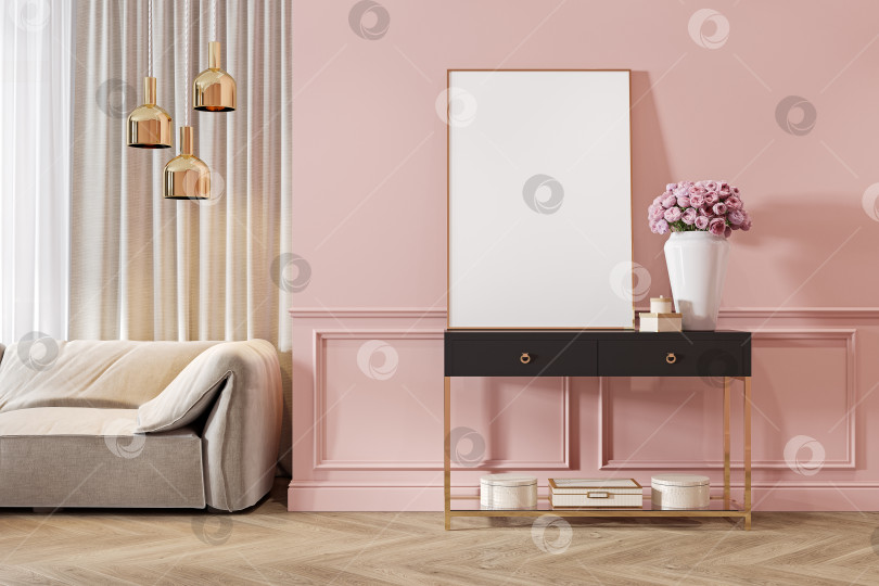 Скачать Современный классический розовый интерьер с комодом, консолью, диваном, мебелью, лампой, цветком, подарками, рамкой, картиной. фотосток Ozero