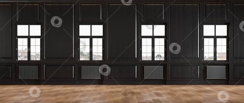 Скачать Черный классический интерьер комнаты в стиле лофт с настенными панелями и окнами. фотосток Ozero