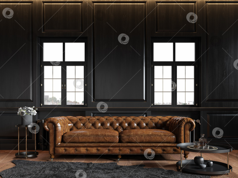 Скачать Классический интерьер в стиле лофт черного цвета с деревянными панелями, диваном "Честерфилд", ковром, цветами, журнальным столиком и окнами. фотосток Ozero