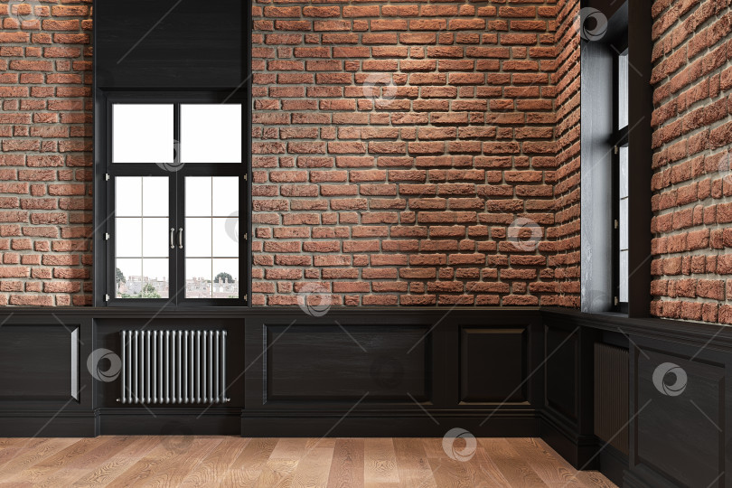 Скачать Интерьер в стиле лофт с кирпичными стенами, деревянными панелями и окнами. фотосток Ozero