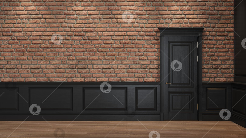 Скачать Интерьер в стиле лофт с кирпичной стеной, панелями и дверью. фотосток Ozero