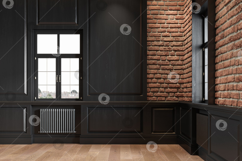 Скачать Пустой интерьер лофта со стеновыми панелями, кирпичной стеной и деревянным полом. фотосток Ozero