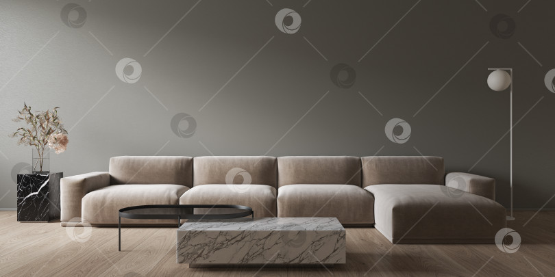 Скачать Серый минималистичный интерьер с мраморным журнальным столиком и диваном. фотосток Ozero