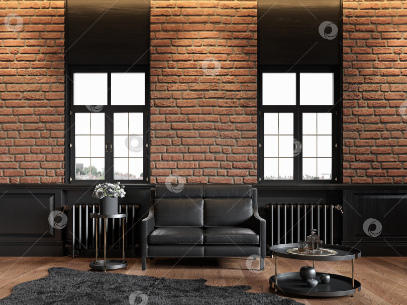 Скачать Интерьер в стиле лофт с кирпичной стеной, кожаным диваном, деревянной панелью, окном и ковром. фотосток Ozero