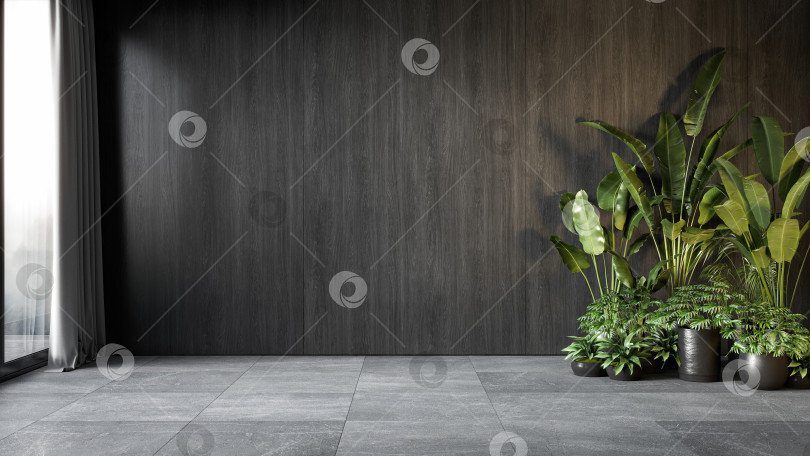 Скачать Черный интерьер с деревянными стеновыми панелями и растениями. фотосток Ozero