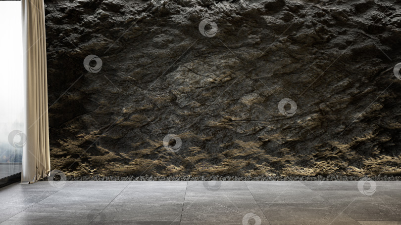 Скачать Черный интерьер со стенами из каменного сланца и полом из серой плитки и брюками. фотосток Ozero