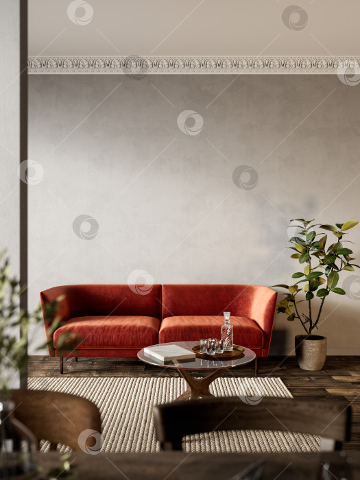 Скачать Интерьер с оранжевым диваном, растениями и ковром. фотосток Ozero