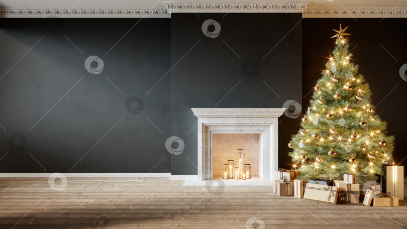 Скачать Современный классический черный пустой интерьер с камином, рождественской елкой и подарками. фотосток Ozero
