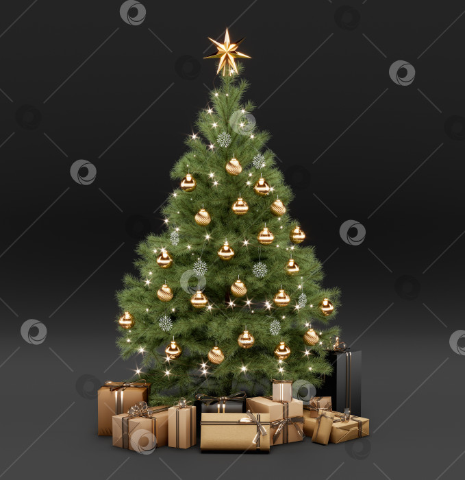 Скачать Рождественская елка и подарки на черном фоне. фотосток Ozero