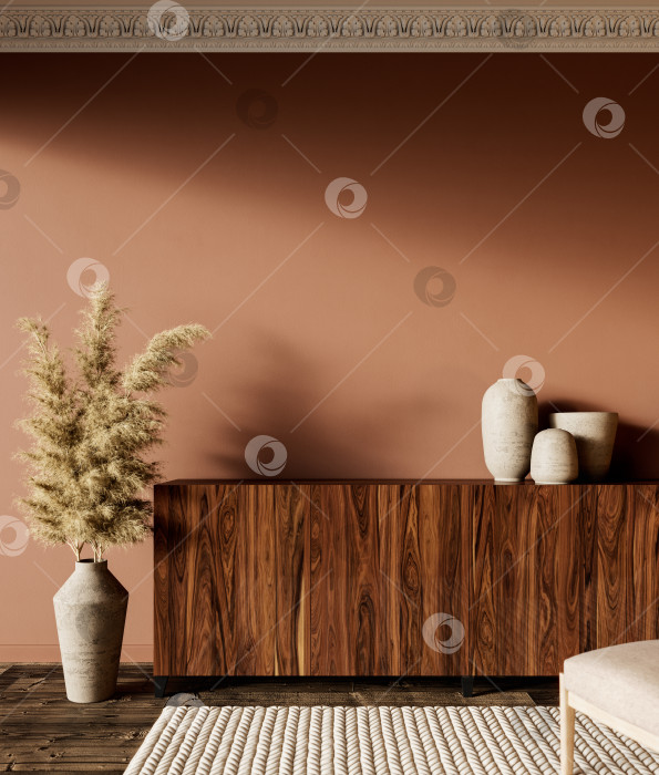 Скачать Коричнево-оранжевый интерьер с комодом и декором. макет иллюстрации для 3d-рендеринга. фотосток Ozero