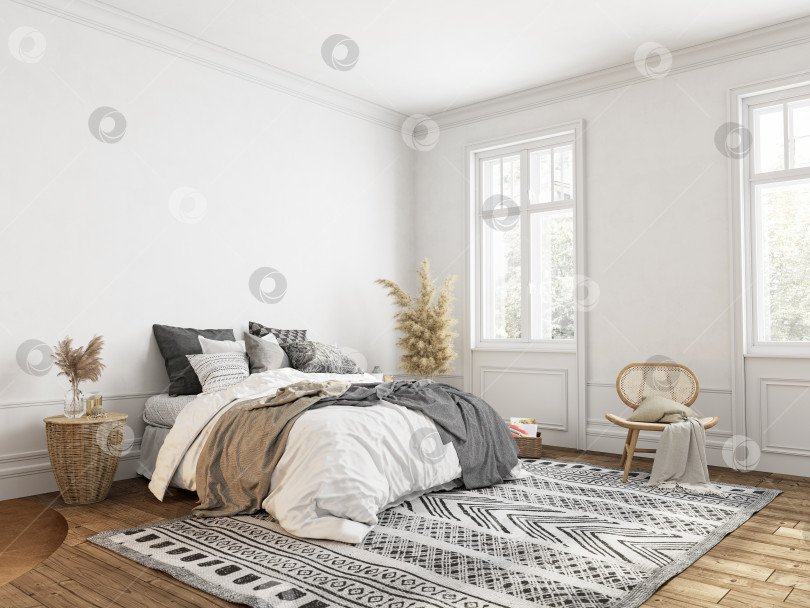 Скачать Белая спальня с декором в классическом скандинавском стиле. фотосток Ozero