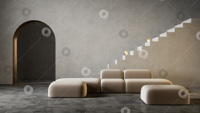 Скачать Современный минималистичный интерьер с диваном, аркой и лестницей. фотосток Ozero