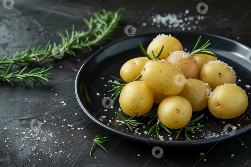 Скачать Отварной молодой картофель с розмарином и морской солью на черной тарелке. Создан искусственный интеллект. фотосток Ozero