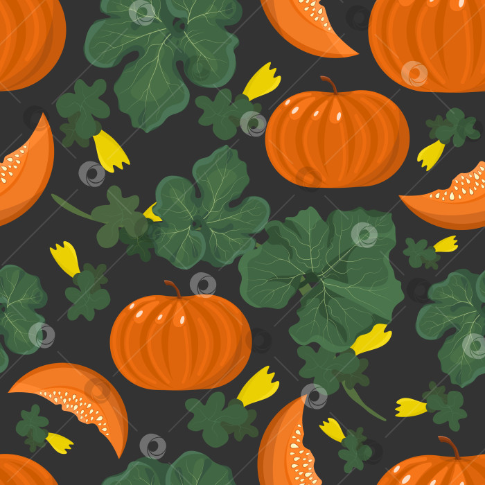 Скачать Бесшовный узор с оранжевыми тыквами, листьями и цветами. Осенний растительный узор на темно-сером фоне. Контрастный узор в плоском стиле. Квадратный формат. фотосток Ozero