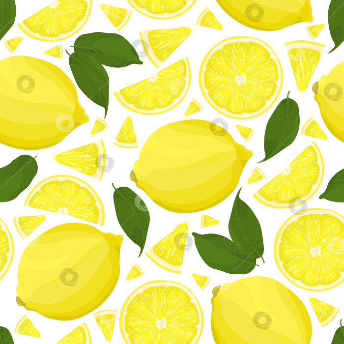 Скачать Бесшовный узор с желтыми лимонами, дольками и листьями. Иллюстрация в плоском стиле. Узор с изменяемым белым фоном. фотосток Ozero