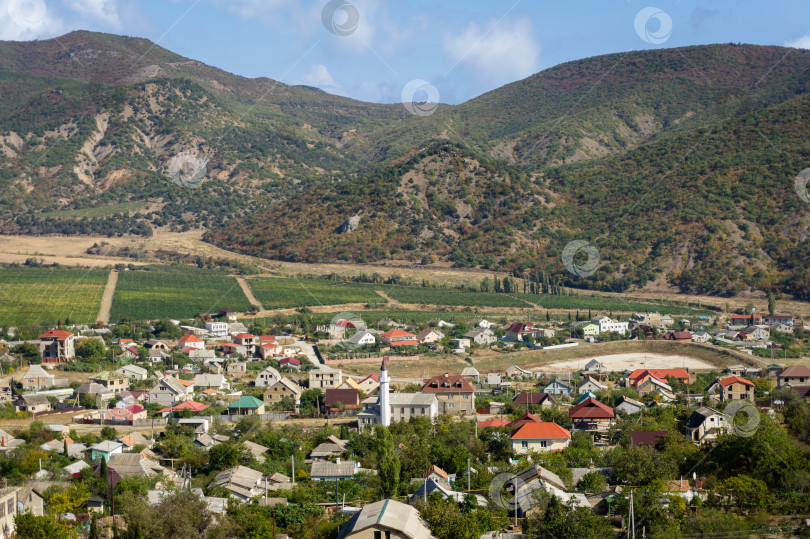 Скачать Деревня с мечетью в центре среди крымских гор. Ровные ряды виноградников тянутся до подножия горного хребта. Виноделие в Крыму - одна из ведущих отраслей крымского сельского хозяйства фотосток Ozero