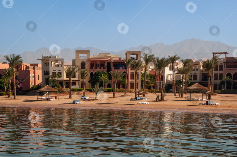 Скачать Акаба. "Отель Movenpick Resort and SPA Tala Bay Aqaba 5 звезд" на Красном море. Береговая линия с песчаными пляжами. Пляжные зонтики и шезлонги между пальмами. Акаба, фотосток Ozero