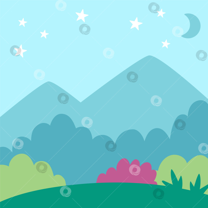 Скачать Векторный синий абстрактный фон с облаками, звездами, полумесяцем, зеленым полем, лесом, горами. Сцена волшебного или фантастического мира. Милый сказочный квадратный природный пейзаж. Иллюстрация ночного неба для детей фотосток Ozero