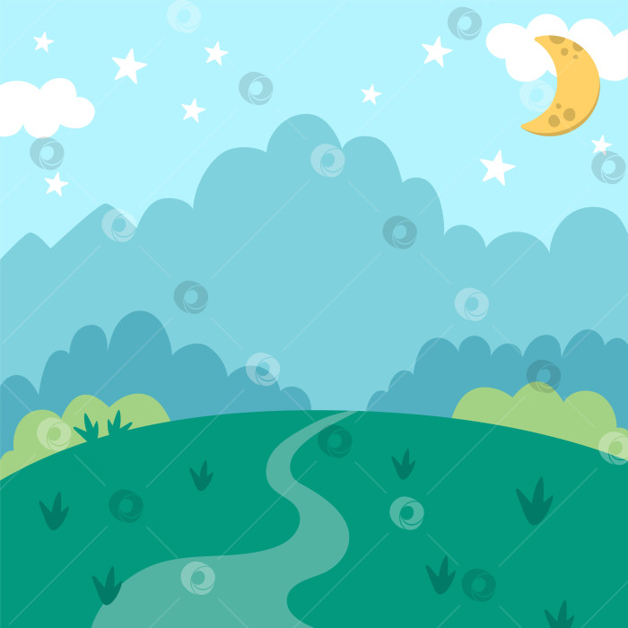 Скачать Векторный синий абстрактный фон со звездами, луной, зеленым полем, лесом, дорогой, уходящей вдаль. Сцена волшебного или фантастического мира. Милый сказочный квадратный природный пейзаж. Иллюстрация ночного неба фотосток Ozero