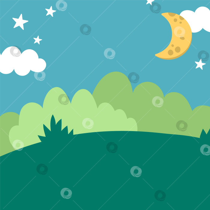 Скачать Векторный синий абстрактный фон с облаками, звездами, полумесяцем, зеленым полем, кустами. Сцена волшебного или фэнтезийного мира. Милый сказочный квадратный природный пейзаж для открытки. Иллюстрация ночного неба для детей фотосток Ozero
