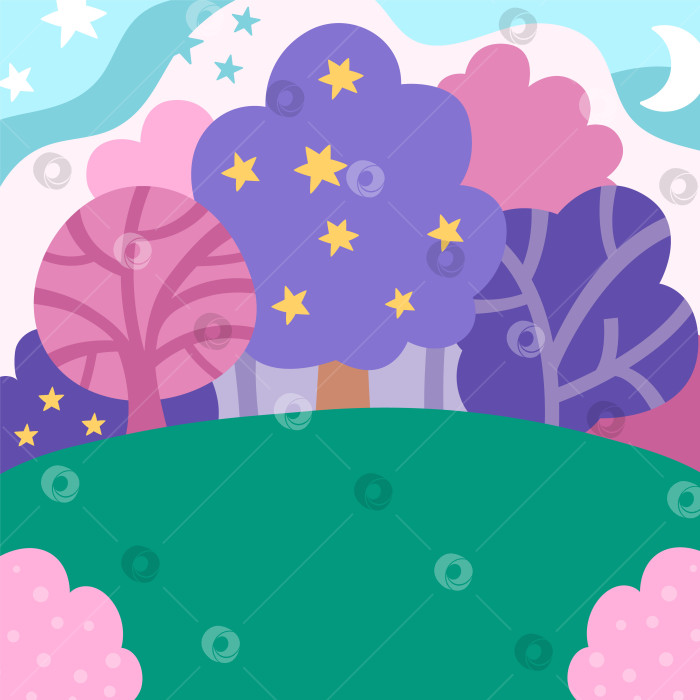 Скачать Векторный абстрактный фон с волшебным лесом, фиолетовыми и розовыми деревьями, звездами, зеленым полем. Сцена волшебного или фантастического мира. Милый сказочный квадратный природный пейзаж. Иллюстрация ночного неба для детей фотосток Ozero