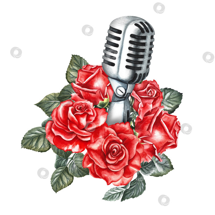 Скачать Серебряный ретро-микрофон, украшенный красными розами. Акварельная иллюстрация нарисована от руки. Выделите ее. Для логотипов, значков, наклеек и принтов. Для открыток, визиток, флаеров и плакатов. фотосток Ozero