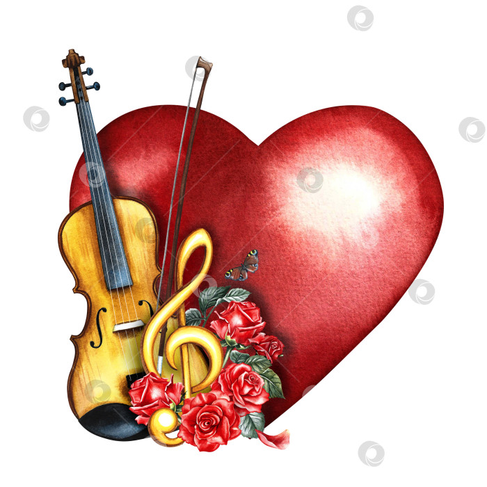 Скачать Скрипка, украшенная красными розами, и золотой скрипичный ключ на красном сердце. Акварельная иллюстрация нарисована от руки. Для плакатов, листовок и пригласительных билетов. Для баннеров, открыток, логотипов, наклеек. фотосток Ozero