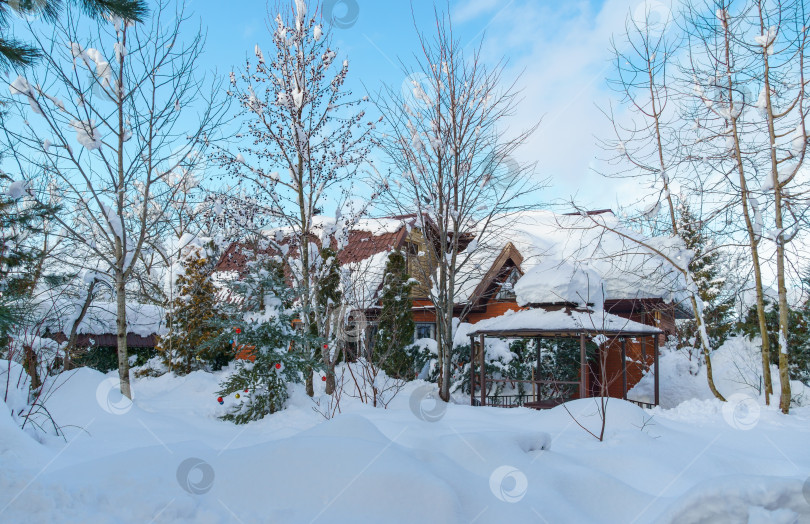 Скачать Живописный пейзаж зимнего заснеженного сада. Дом с крышей, покрытой белым пушистым снегом на заднем плане. Настоящая зима в саду фотосток Ozero