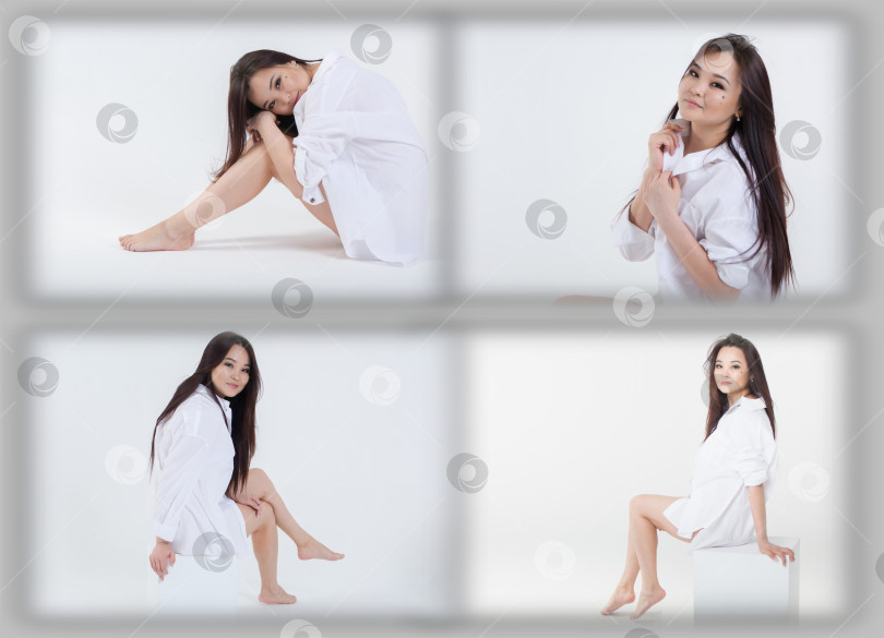Скачать Молодая девушка 30 лет, одетая в белую рубашку, позирует в студии на белом фоне. фотосток Ozero