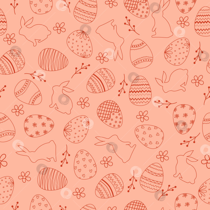 Скачать Бесшовный пасхальный персиковый фон с пасхальными яйцами, цветами и кроликами. фотосток Ozero