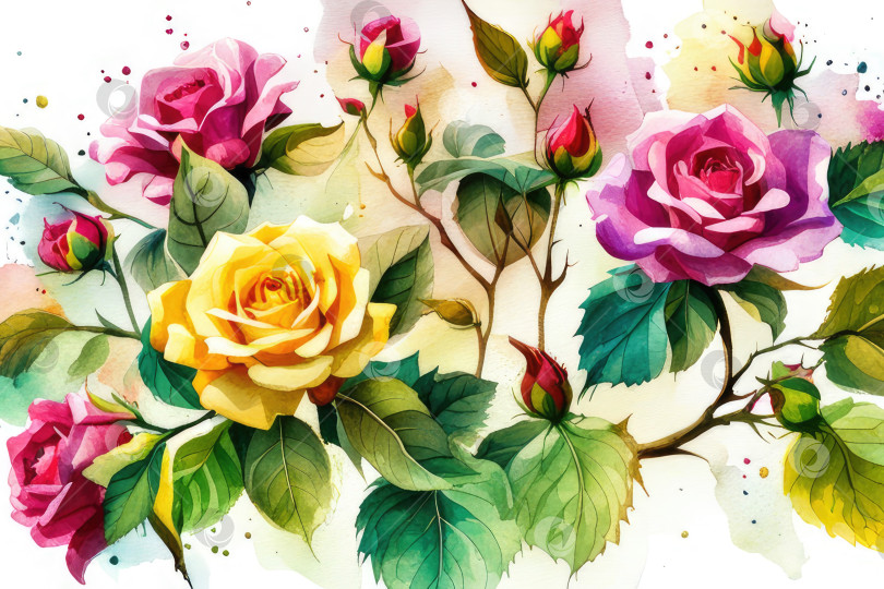 Скачать Акварельный осенний баннер с розами и листьями, выделенными на белом фоне. фотосток Ozero