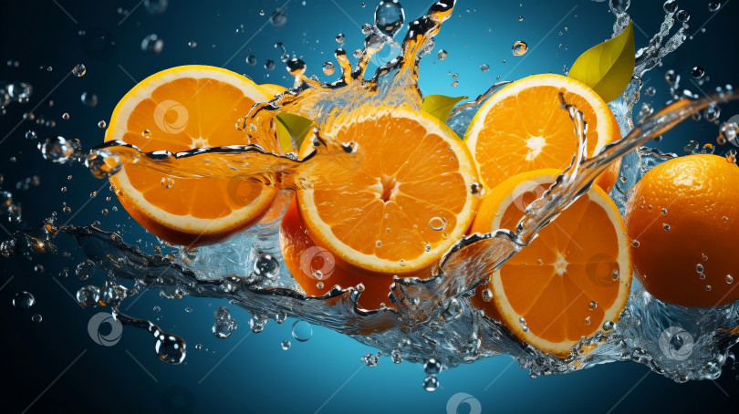 Скачать Апельсины летают в воздухе и разбрызгивают воду. фотосток Ozero