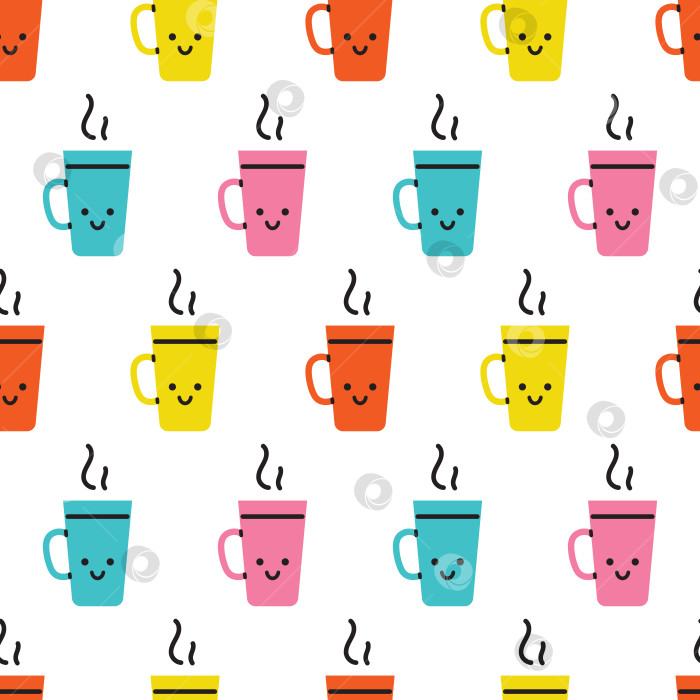 Скачать Векторный бесшовный узор с милыми красочными чашками чая или кофе. Забавные улыбающиеся чашки или кружки с горячим напитком на белом фоне. Дизайн упаковки. фотосток Ozero