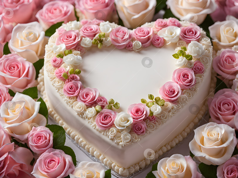 Скачать свадебный торт пастельных тонов в форме сердца с розами фотосток Ozero