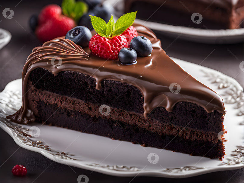 Скачать кусочек шоколадного торта в форме сердечка с ягодами фотосток Ozero