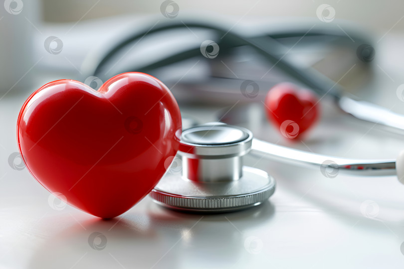 Скачать Концепция здоровья сердца с красным сердцем и стетоскопом на светоотражающем фоне. Кардиология и здравоохранение символизируются 3D-моделью сердца и медицинским инструментом фотосток Ozero
