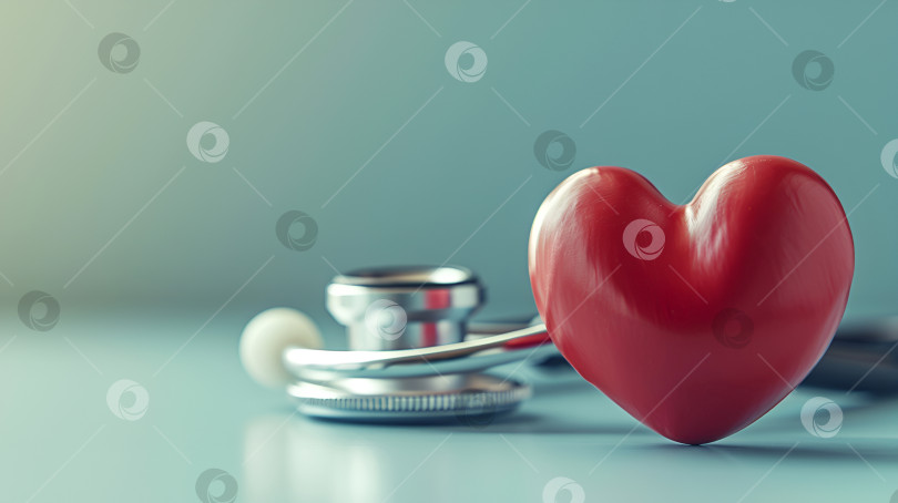 Скачать Блестящее красное сердце со стетоскопом, символизирующее здоровье сердца, на светло-голубом фоне, минималистично. Концепция здравоохранения с сердцем и медицинским инструментом на синем фоне. Иллюстрация ухода за сердцем фотосток Ozero