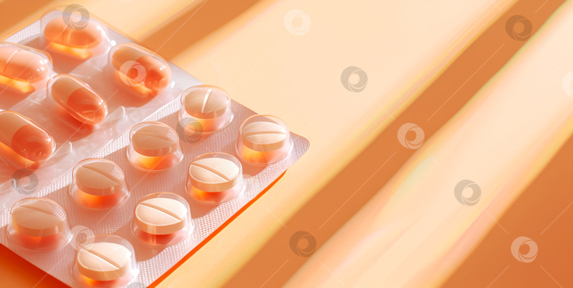 Скачать Блистерная упаковка персиковых или оранжевых таблеток с динамической подсветкой на персиковом фоне с возможностью копирования. Блистерная упаковка лекарств в теплом свете с эффектом градиента. Светящиеся фармацевтические таблетки, витамины фотосток Ozero