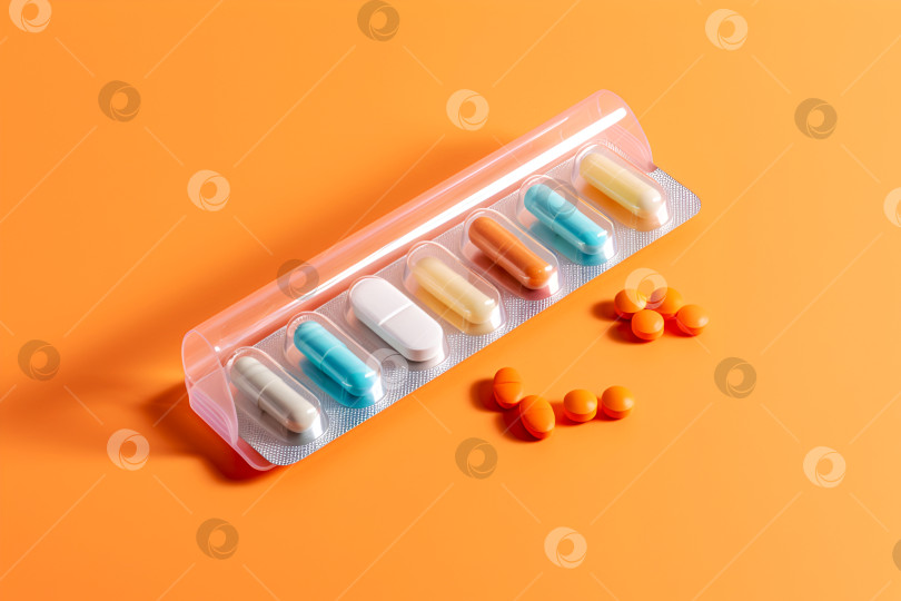 Скачать Блистерная упаковка разноцветных таблеток на оранжевом фоне. Разнообразные лекарства в одной блистерной полоске. Различные фармацевтические таблетки в ряд на цветном фоне фотосток Ozero