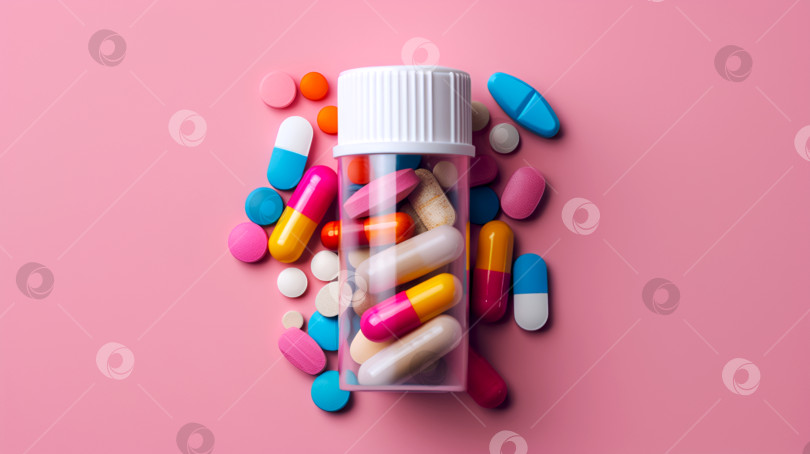 Скачать Разноцветные таблетки и капсулы, высыпающиеся из пузырька с лекарствами на светло-розовом фоне. Открытая бутылочка с лекарствами. Различные фармацевтические препараты, снотворные, антидепрессанты, успокоительные таблетки фотосток Ozero