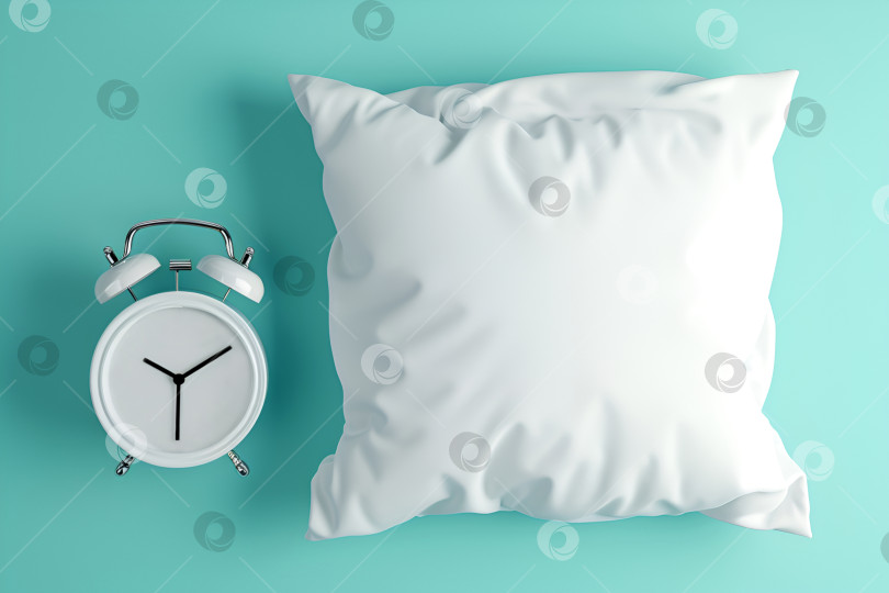 Скачать Белая подушка и будильник на мятном фоне - концепция Всемирного дня сна. фотосток Ozero
