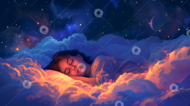 Скачать Умиротворенный ребенок в небесном сказочном пейзаже, окруженный облаками и звездами. Безмятежный сон среди космоса - идеальное место для Всемирного дня сна фотосток Ozero