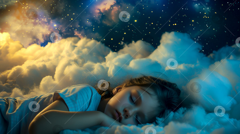 Скачать Процитируйте маленькую девочку, которая спит в облаках и видит сладкие сны. Ребенок в сказочной стране облаков и звезд, крепко спит. Всемирный день сна. фотосток Ozero
