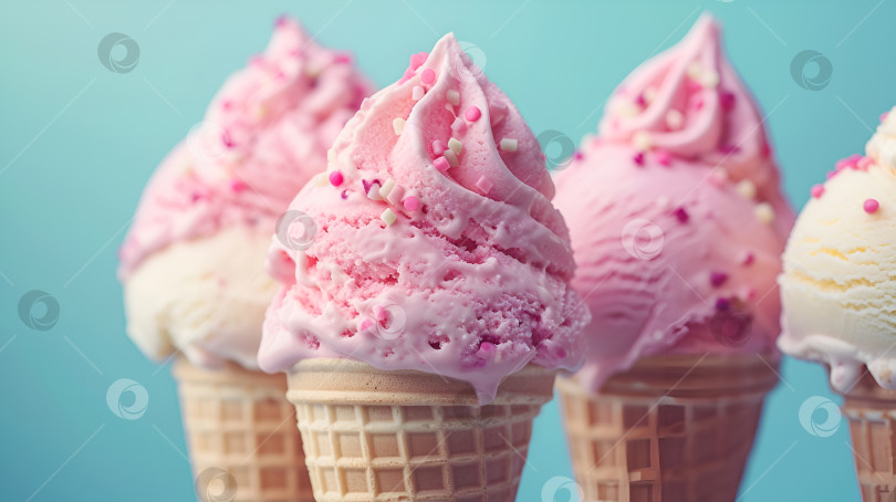 Скачать Рожки мороженого с посыпкой на синем фоне., крупным планом. Розовое взбитое клубнично-ванильное мороженое в рожке с разноцветной начинкой на цветном фоне фотосток Ozero