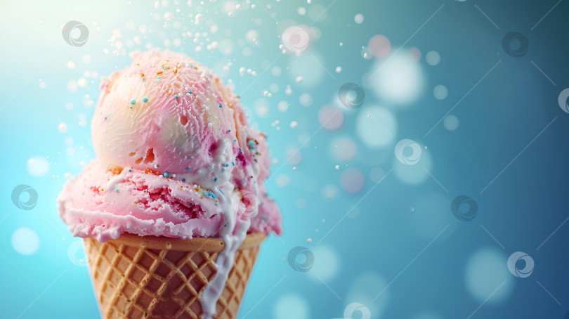 Скачать Розовое взбитое мороженое в рожке с праздничными разноцветными блестками на светло-голубом фоне боке. Рожок для мягкого клубничного мороженого с блестящей начинкой и подсветкой боке. Баннер для мороженого фотосток Ozero